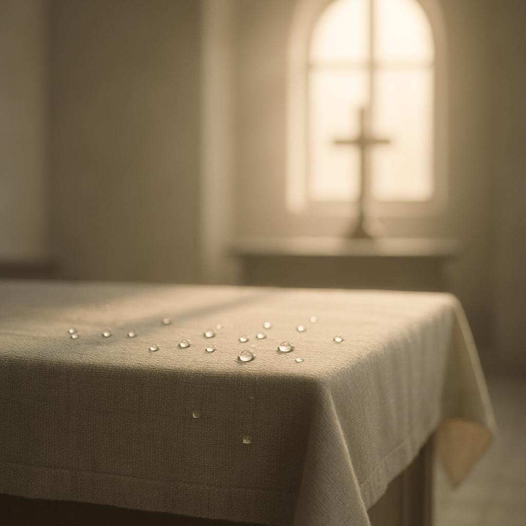 A gray table with slightly raised corners, adorned with mineral water droplets. In the background, a marketplace window is...