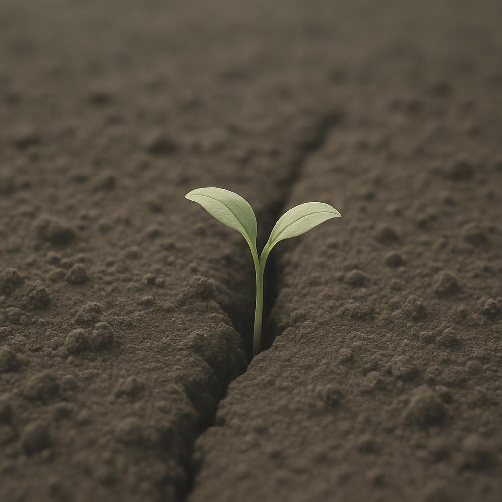 A small green plant has sprouted from the ground, growing up through the dry, cracked earth.
