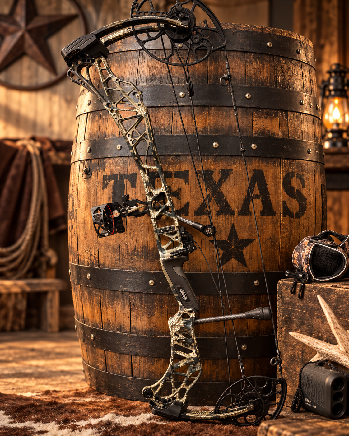 Compound bow in front of a weathered Texas barrel