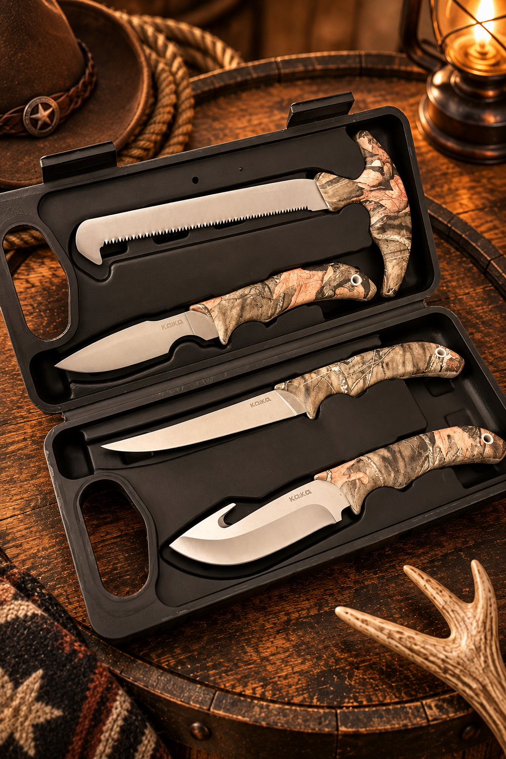 Hunting knife set in an open case on a rustic wooden table