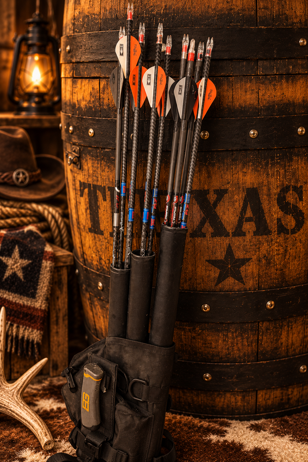 Arrows arranged in a hunting quiver beside a weathered Texas barrel