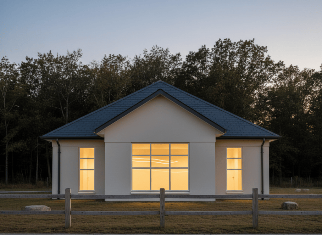 A quiet care-facility building at dusk in warm, contemplative light, illustrating a chaplain's reflection on memory, fatherhood, and presence.